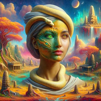 The primary subject of the image is a woman with a snake wrapped around her neck. She is wearing a white dress and has a green snake head. The setting is a fantasy world with a backdrop of a castle, a tree, and a moon in the sky. The visual style is a digital art, illustration, or drawing, with a vibrant color palette and a mood of mystery and intrigue.